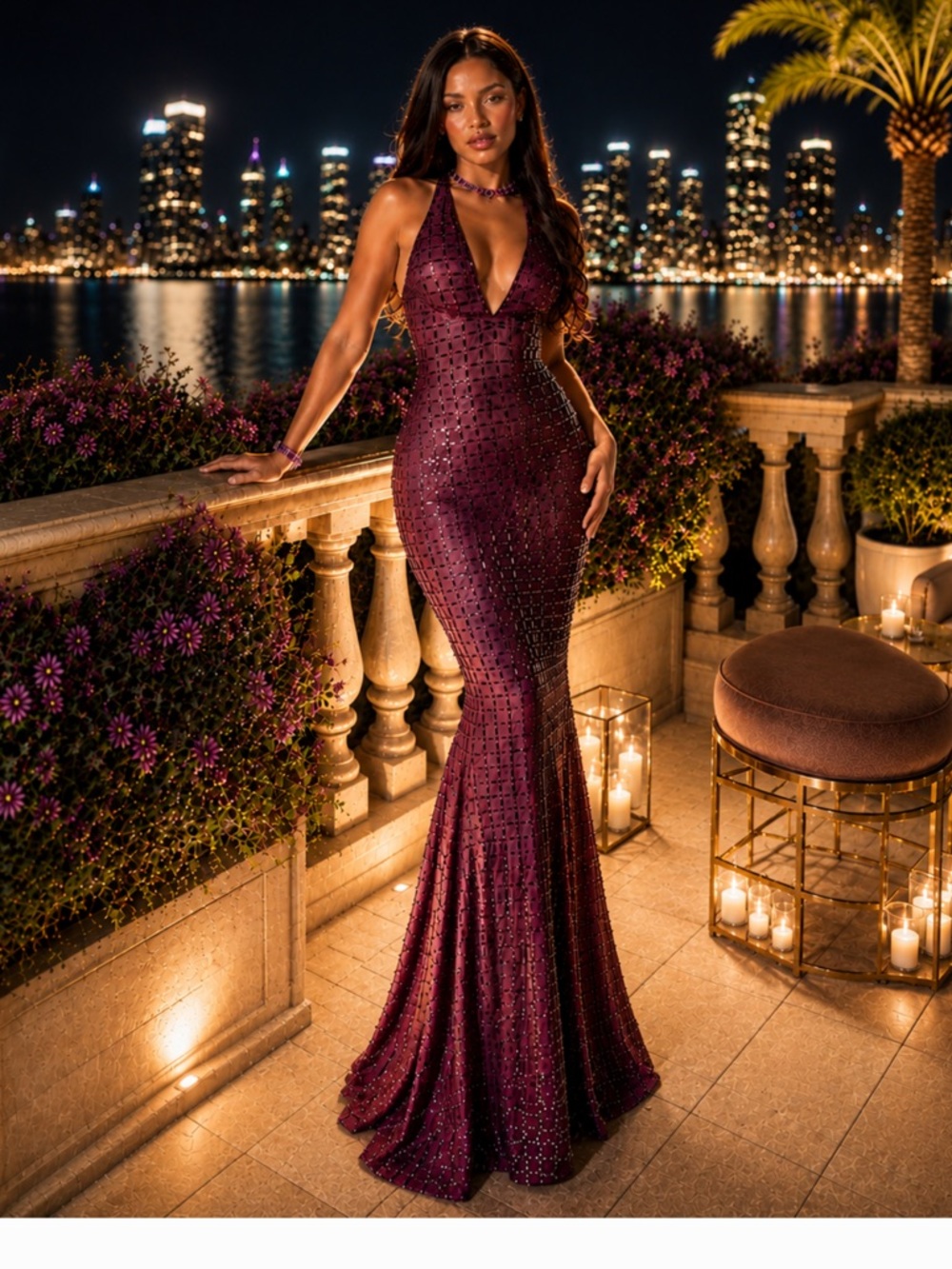 Oh Polly Deep Purple Audrey Embellished Halterneck Gown